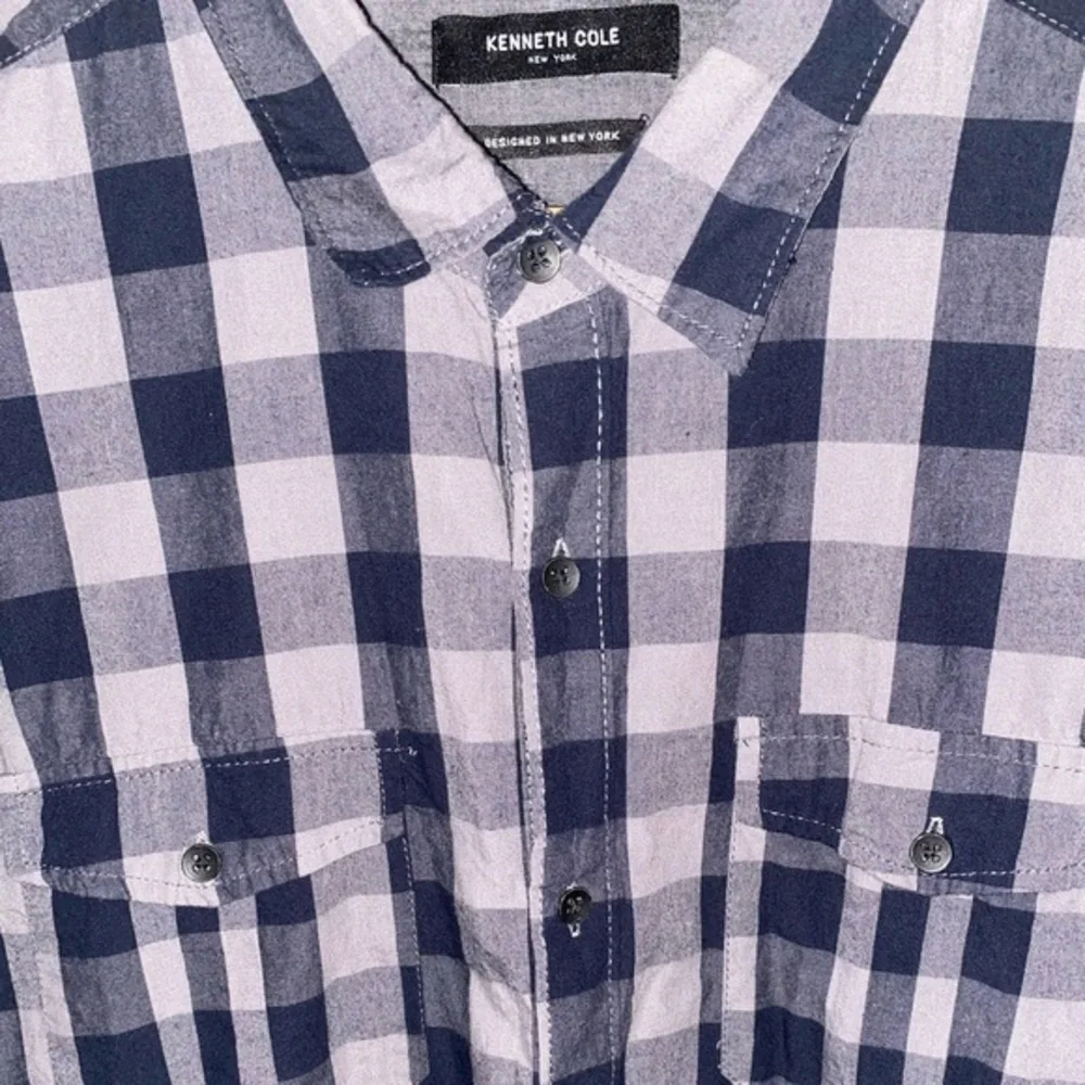 Kenneth Cole Navy Blue Gray Buffalo Check Button Down Long Sleeve Shirt Men’s XL